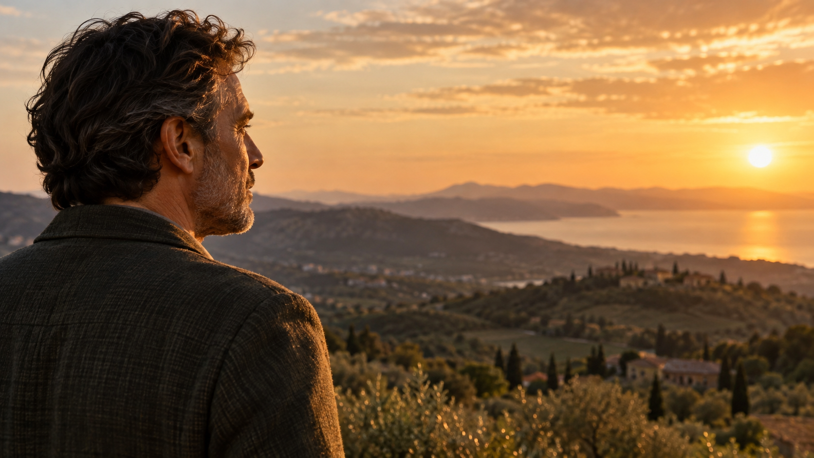 Uomo che guarda un nuovo orizzonte al tramonto