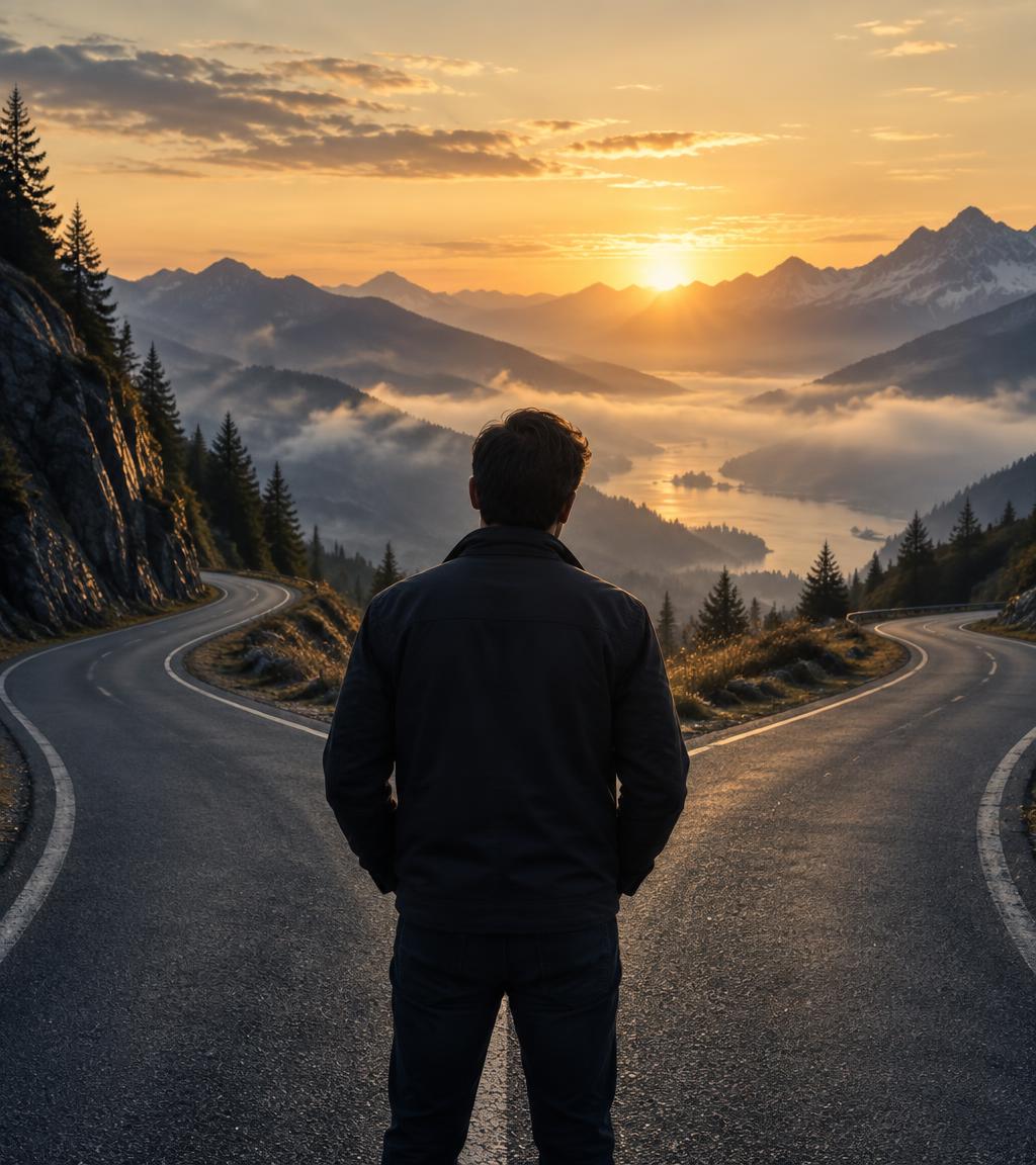 Uomo davanti a un bivio di strada all'alba, davanti a un nuovo orizzonte